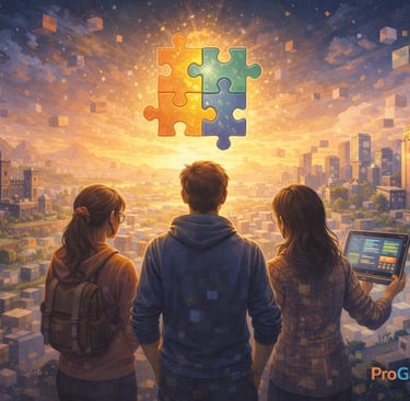 Imagem simbólica mostrando jogadores observando um mundo sandbox integrado, representando síntese e 