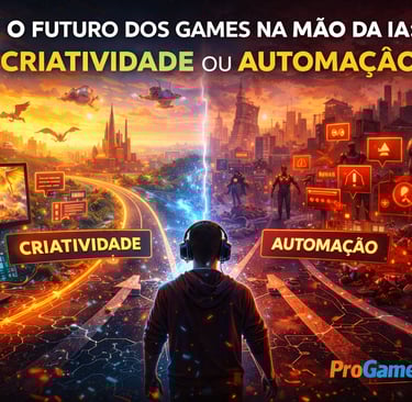 Jogador diante de dois futuros opostos dos games, entre criatividade e automação por IA.