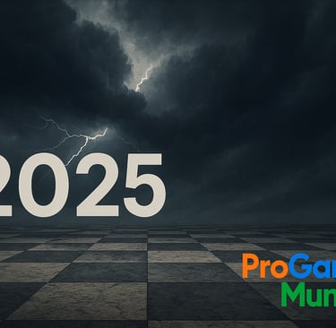 Tabuleiro e céu com raios, “2025” em destaque