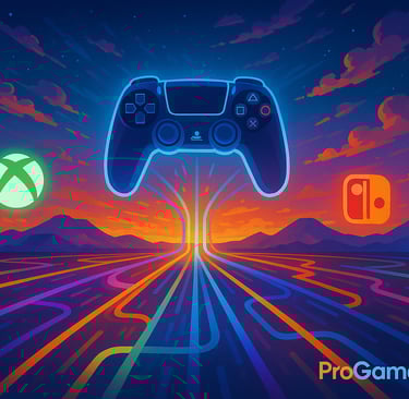 Controlador PlayStation conectado a diversas plataformas através de estradas luminosas.