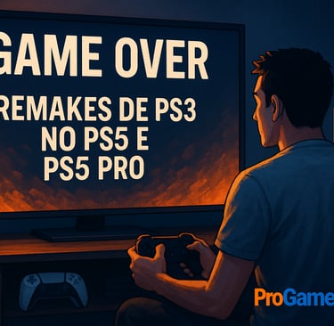 Gamer diante de tela com mensagem “Game Over” sobre PS5 e PS3.