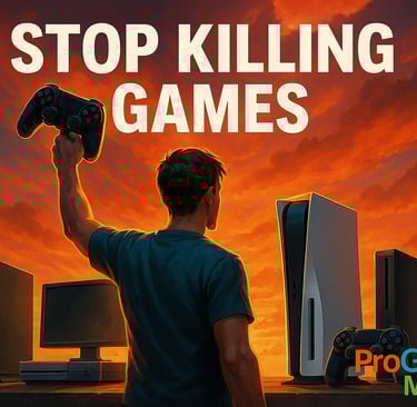 Jogador ergue controle de videogame ao pôr do sol cercado por consoles, simbolizando esperança e pre