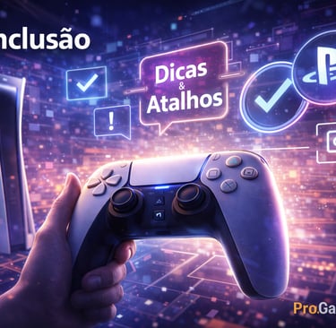 Mão segurando DualSense com ícones de atalhos do PS5 em fundo futurista