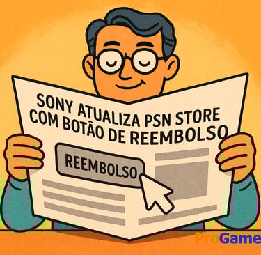 Pessoa lendo jornal com manchete sobre botão de reembolso da PSN Store.