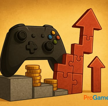 Controle gamer sobre moedas e blocos ascendentes representa o equilíbrio entre impostos e cresciment