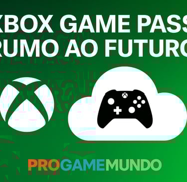 Jogador com controle do Xbox diante de um portal digital com nuvens e ícones de dispositivos.