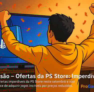 Jogador comemorando compras concluídas na PS Store com até 90% de desconto.