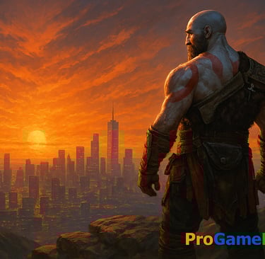 Kratos observando uma cidade futurista ao pôr do sol, representando o futuro da PlayStation.