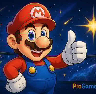 Mario sorridente dando joinha diante de fundo estelar com brilho cósmico em 4K.