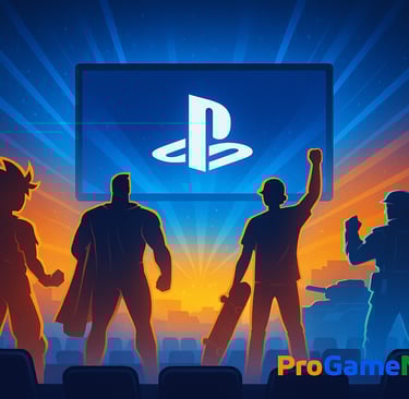 Jogadores celebrando juntos os quatro jogos grátis de setembro no PS4 e PS5 diante de um telão.
