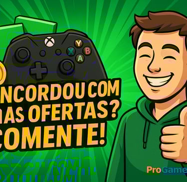 Jovem feliz com controle de Xbox e texto pedindo comentário sobre as ofertas.