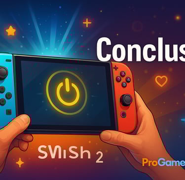 Mãos segurando o Switch 2 com luz de energia ao centro e fundo colorido simbolizando conclusão e ino