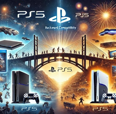 Ponte conectando PS3 e PS5 com elementos de jogos icônicos, simbolizando nostalgia e inovação.