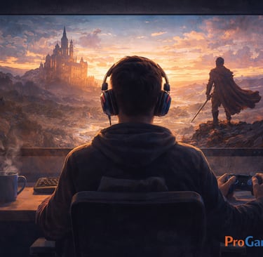 A imagem representa o jogador como agente central da narrativa nos videogames, destacando a convergê