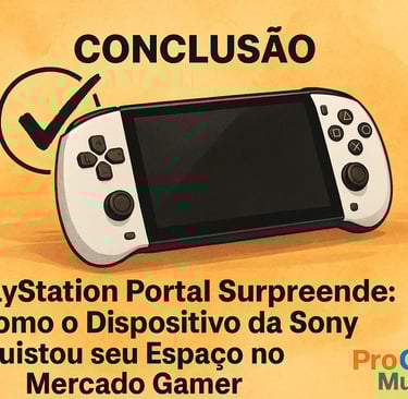 Imagem horizontal com o PlayStation Portal sobre fundo alaranjado e símbolo de check