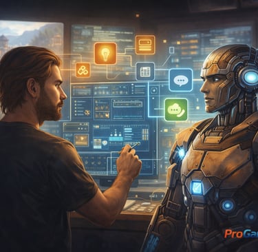 Ilustração mostrando designer humano ajustando NPC com sistemas de inteligência artificial