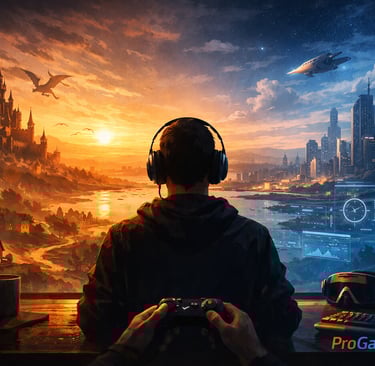 Jogador entre mundos fantástico e futurista com interface simbólica ao fundo.