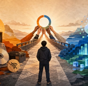 Jogador entre mídias física e digital convergindo em um caminho comum.