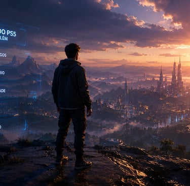 Jogador observa o futuro do PS5 em cenário gamer cinematográfico.