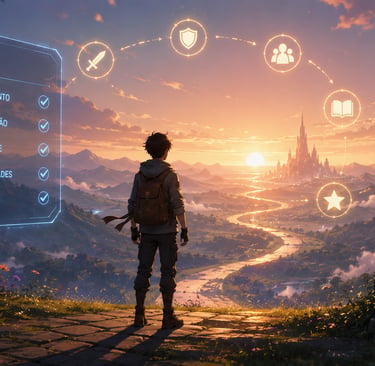 Jogador observa tutorial concluído diante de mundo aberto em game.