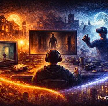 Ilustração conceitual mostrando a evolução dos games de terror e seu impacto cultural