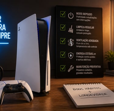 PS5 em mesa organizada com checklist de manutenção e iluminação ambiente.