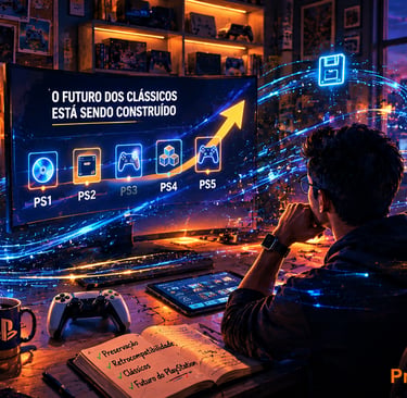 Personagem observa linha do tempo digital sobre clássicos do PlayStation.