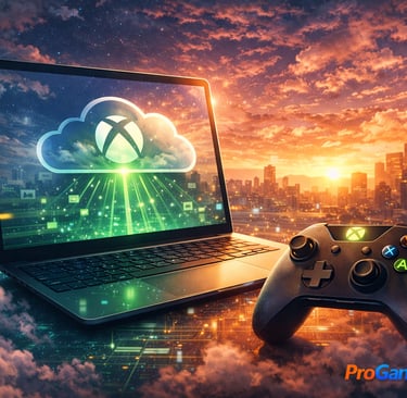 Notebook com Xbox Cloud Gaming e controle ao lado, com dados em nuvem ao fundo