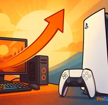 PS5 e PC conectados por uma seta crescente representando Cross-Buy e futuro dos jogos multiplataform