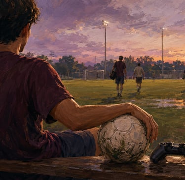 Jogador sentado com bola e controle diante de campo de futebol ao entardecer.