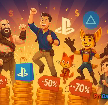 Personagens da PlayStation comemoram em meio a moedas e etiquetas de desconto da PS Store.