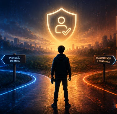 Jogador diante de caminhos digitais sobre proteção, privacidade e segurança