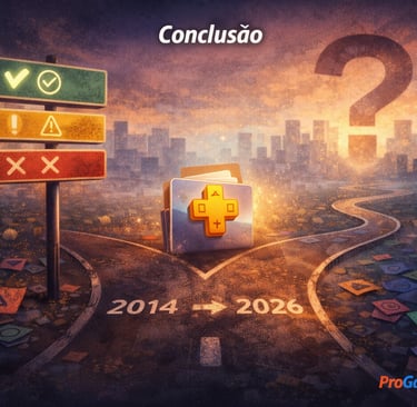 Estrada 2014 a 2026 com bifurcação e símbolo de dúvida sobre a PS Plus