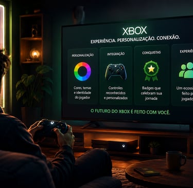 Jogador usando Xbox em sala com interface de personalização na TV.