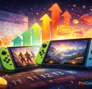 Dois consoles com gráficos de crescimento e etiquetas de desconto ao fundo