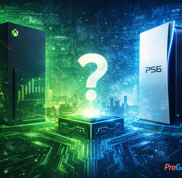 Dois consoles futuristas cercam um ponto de interrogação em cenário tecnológico.