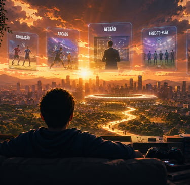 Jogador observa cidade e painéis sobre o futuro dos games de futebol