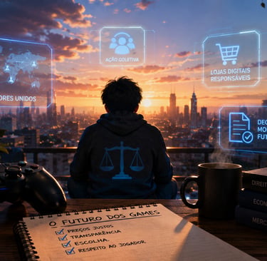 Jogador observa cidade futurista com símbolos de direitos digitais.