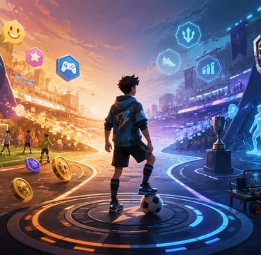 Jogador entre diversão casual e competição em um cenário de futebol digital.