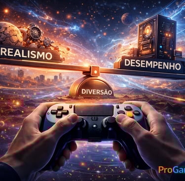 Ilustração conceitual mostrando equilíbrio entre realismo físico, desempenho técnico e diversão