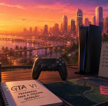 Console e controle em mesa com checklist de preparação ao pôr do sol.