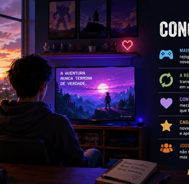 Jogador em quarto gamer revisitando um game após concluir a campanha