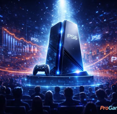 Console futurista representando o PS6 em palco com gráficos e público ao fundo