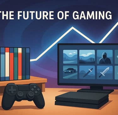 Contrastando jogos físicos e biblioteca digital com gráfico de crescimento e título “The Future of G