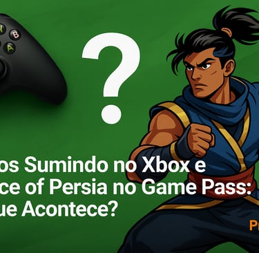 Controle Xbox, ponto de interrogação e personagem de Prince of Persia em fundo verde.