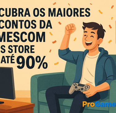 Jogador feliz celebrando descontos da Gamescom na PS Store em ambiente acolhedor
