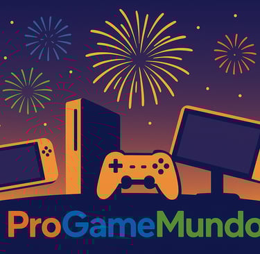 Consoles silhouetados diante de fogos de artifício em celebração ao mês de lançamentos.