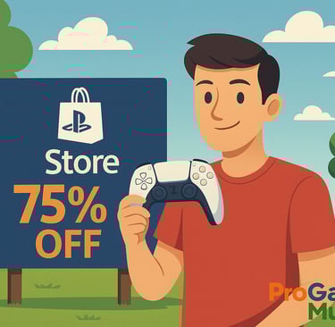 Jogador sorrindo com controle PS5 diante de placa da PS Store com 75% OFF.