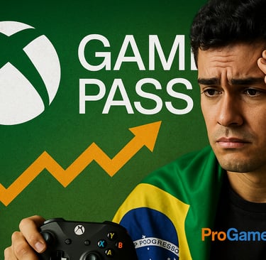 Gamer brasileiro pensativo com controle Xbox e bandeira do Brasil diante do logotipo do Game Pass 