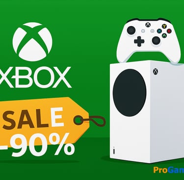 Console Xbox Series S com controle e etiqueta de desconto de 90%.